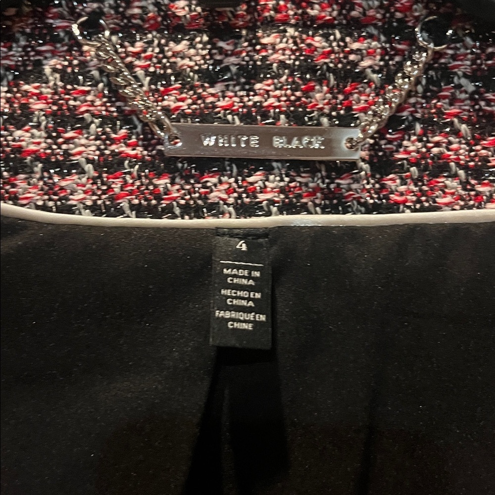 White House Black Market Tweed Plaid Tweed Fringe Metallic Jacket Size 4 - Picture 7 of 10